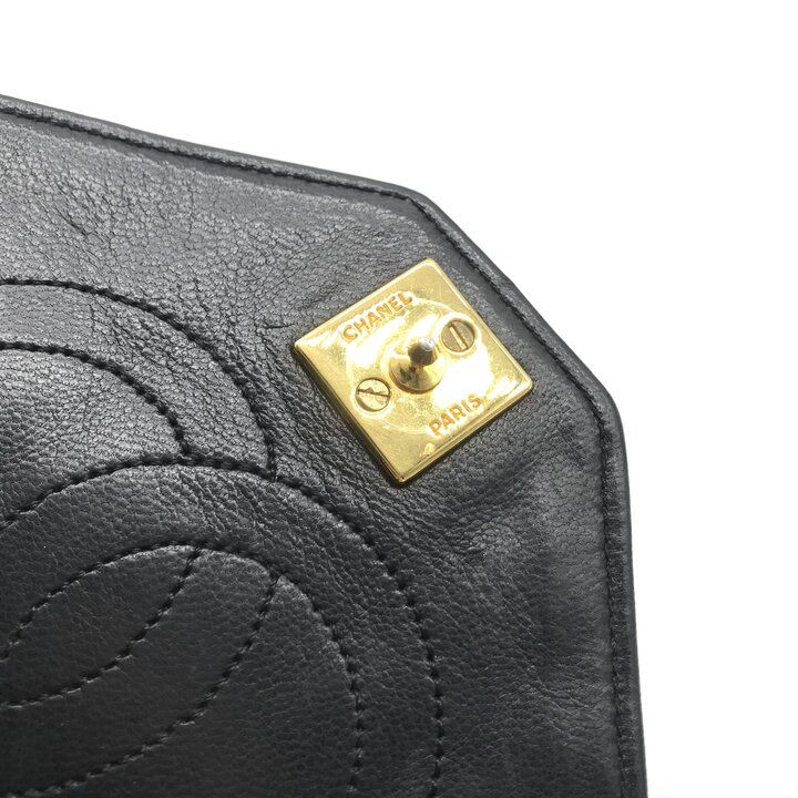 Chanel CC Logo Lambskin Vintage Chain Shoulder Bag Push Lock Black Leather — view 9
