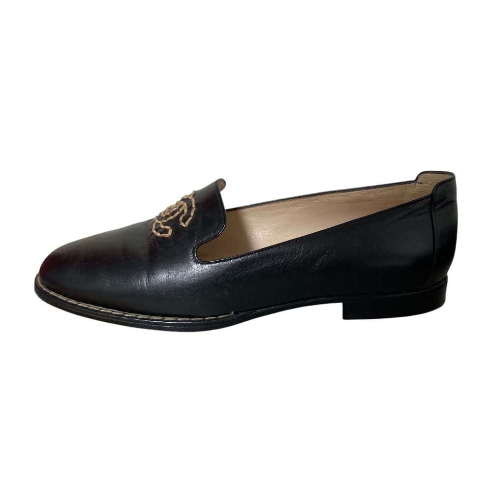 Chanel CC Logo Embroidery Leather Opera Shoes Loafers 35 Black — view 3