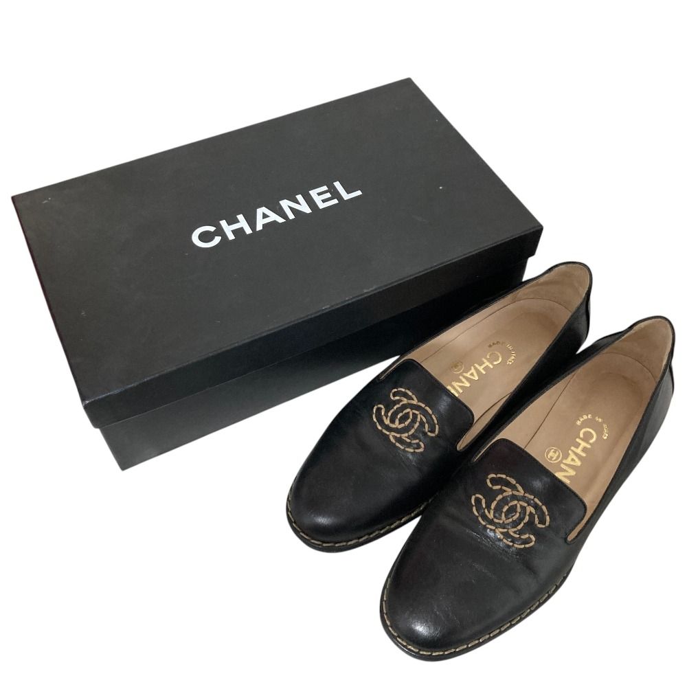 Chanel CC Logo Embroidery Leather Opera Shoes Loafers 35 Black