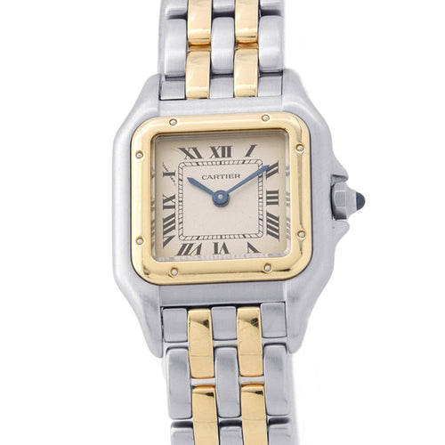 Cartier Panthere MM 2 Row SS 18k Yellow Gold Watch Quartz Ivory Dial