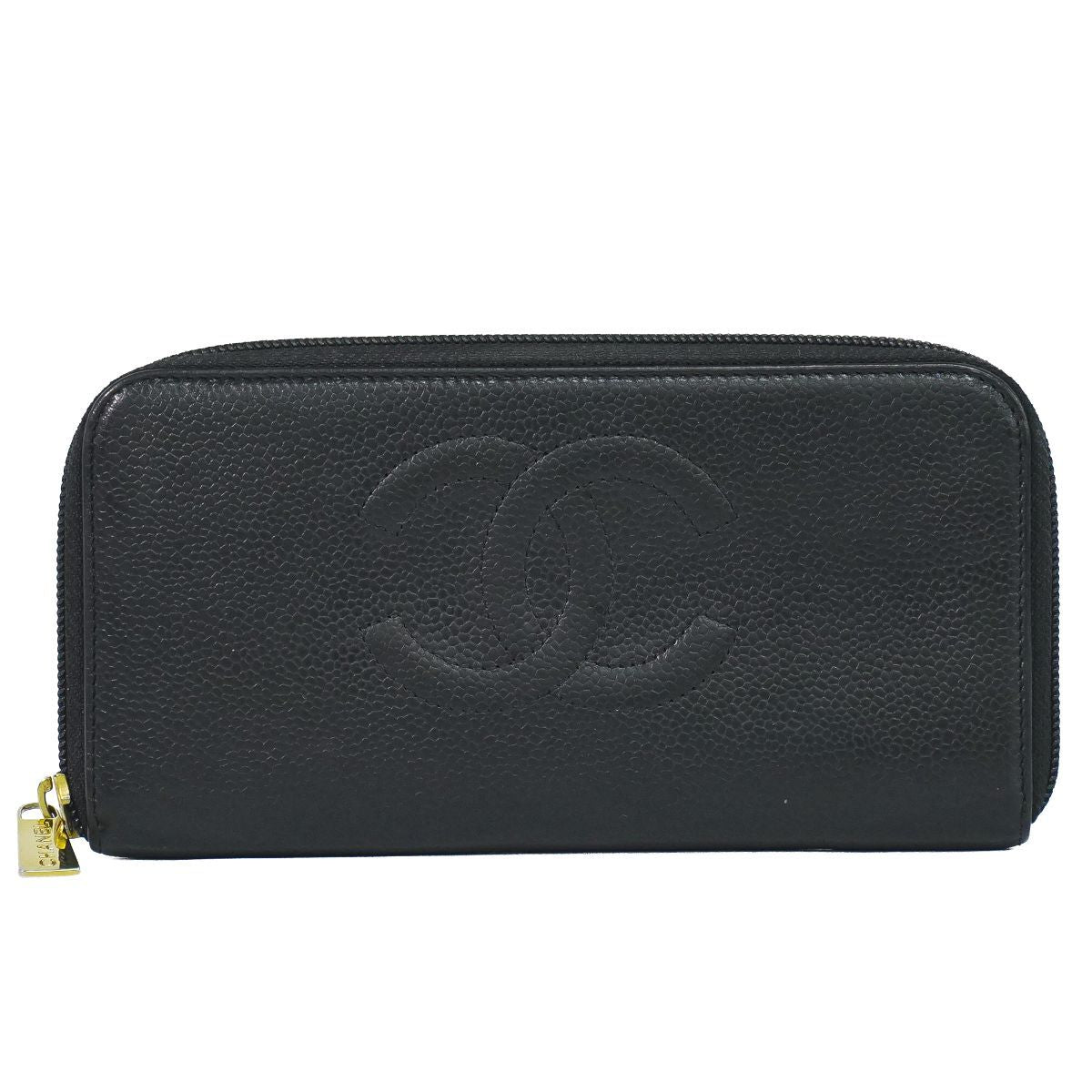 Chanel CC Logo Zip Around Wallet Caviar Leather Black