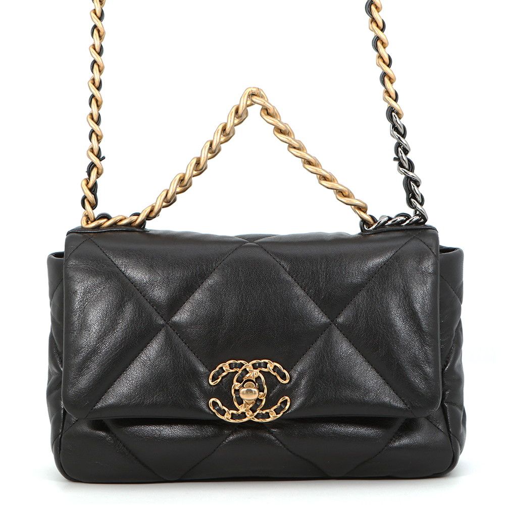 Chanel Chain Shoulder Bag 19 CC Logo Shiny Lambskin Black