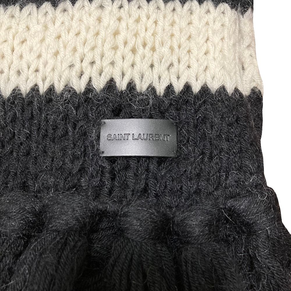 Saint Laurent Mohair Blend Fringe Border Knit Scarf Black Ivory — view 3