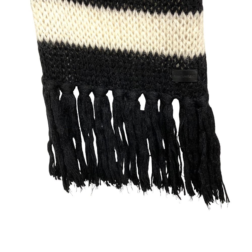 Saint Laurent Mohair Blend Fringe Border Knit Scarf Black Ivory — view 4