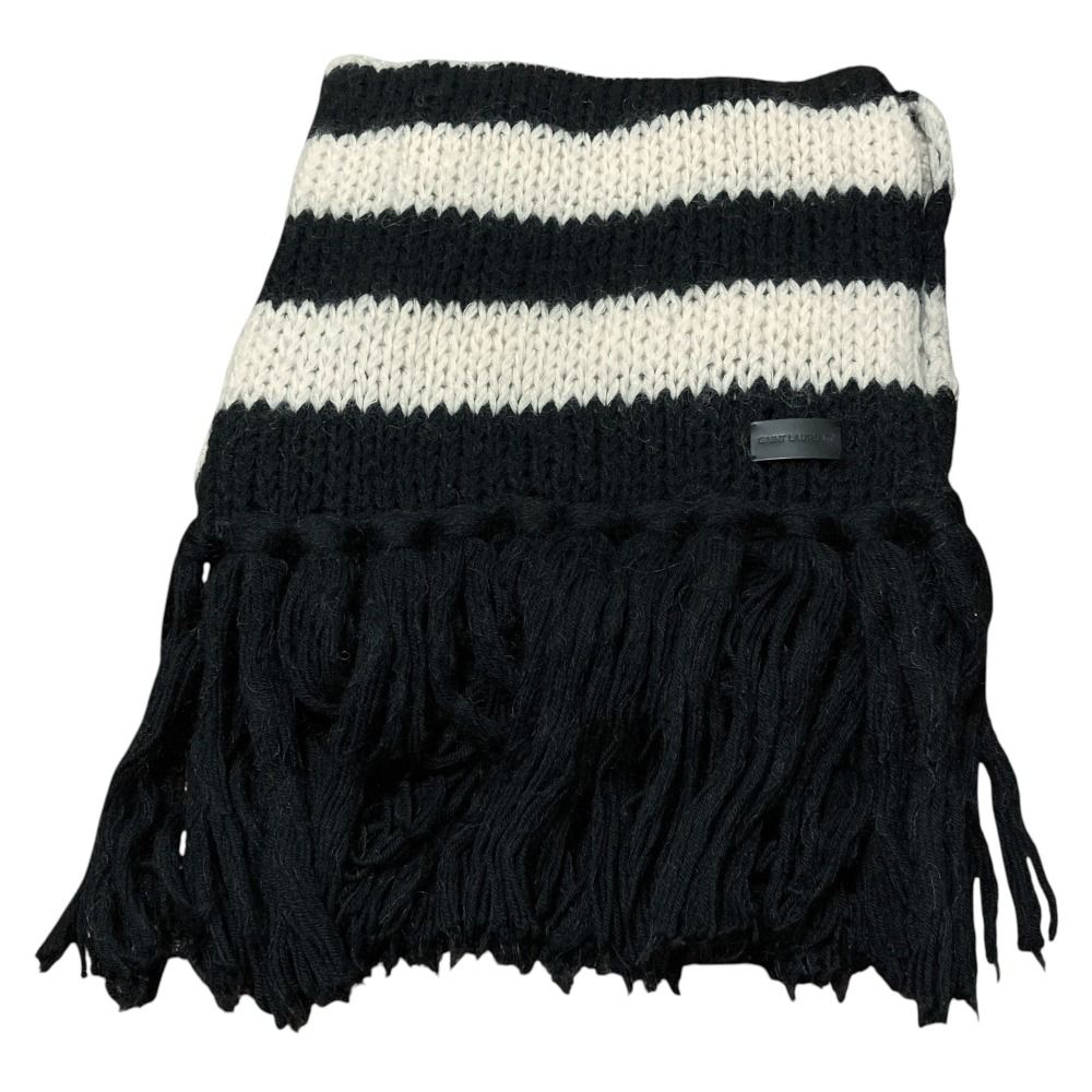 Saint Laurent Mohair Blend Fringe Border Knit Scarf Black Ivory