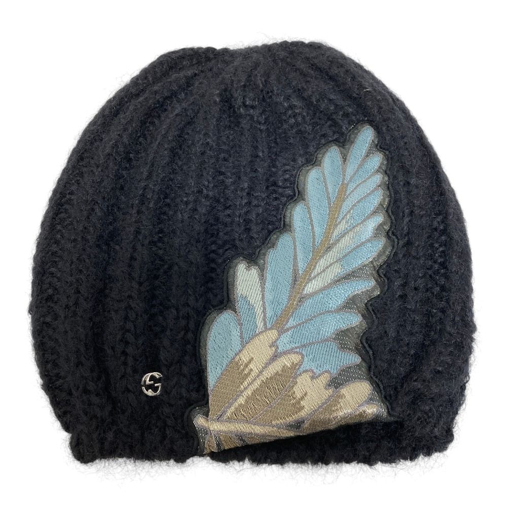 Gucci Leaf Pattern Embroidery Silk Blend Mohair Knit Cap M Black