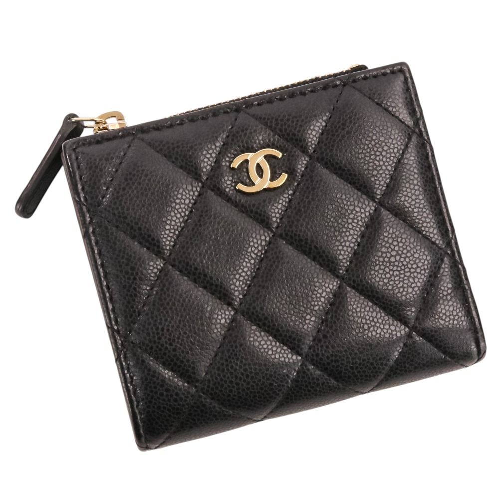 Chanel Caviar Leather Quilted CC Logo Compact Wallet Bifold Black