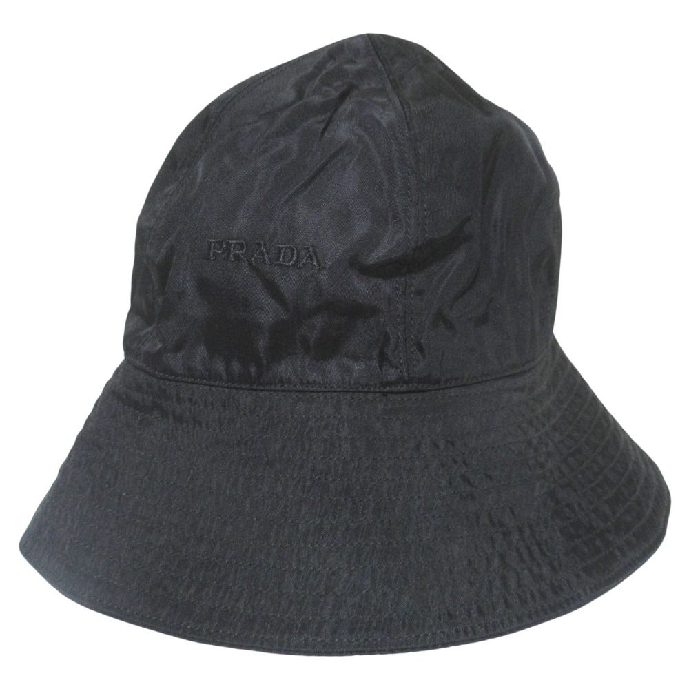 Prada Vintage Logo Embroidery Nylon Bucket Hat L Black