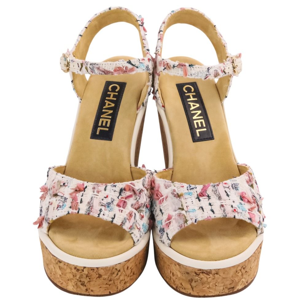 Chanel 23c CC Logo Tweed Wedge Sole Thick Sandals 38 White — view 2