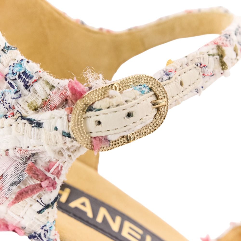 Chanel 23c CC Logo Tweed Wedge Sole Thick Sandals 38 White — view 9