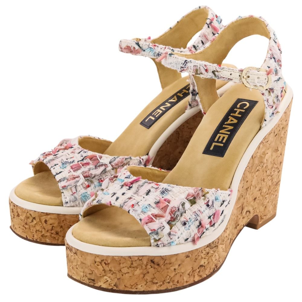 Chanel 23c CC Logo Tweed Wedge Sole Thick Sandals 38 White