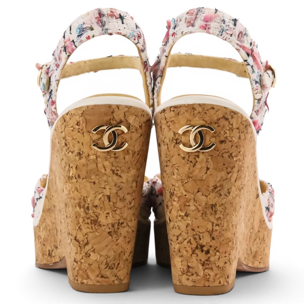 Chanel 23c CC Logo Tweed Wedge Sole Thick Sandals 38 White — view 5