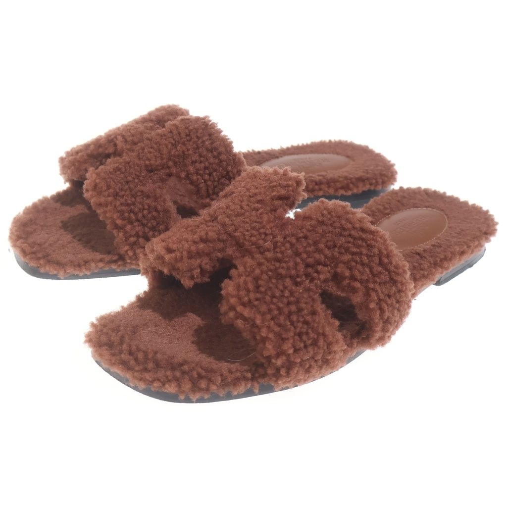 Hermes Oran Fleece Sandals Brown — view 2