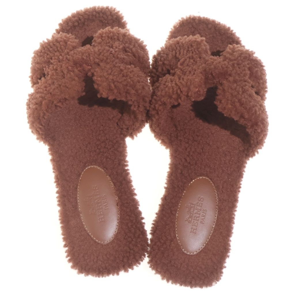 Hermes Oran Fleece Sandals Brown — view 4