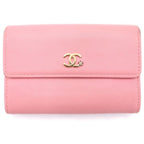 Chanel CC Logo Camellia Lambskin Flap Wallet Fold Pink