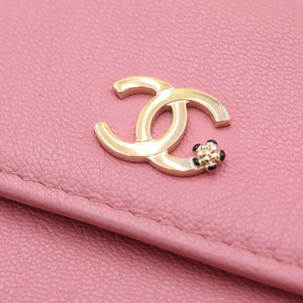 Chanel CC Logo Camellia Lambskin Flap Wallet Fold Pink — view 6