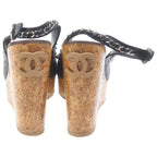Chanel CC Logo Chain Decoration Wedge Sole Sandals Leather Cork Black Brown — view 3