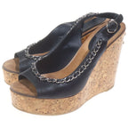 Chanel CC Logo Chain Decoration Wedge Sole Sandals Leather Cork Black Brown — view 2