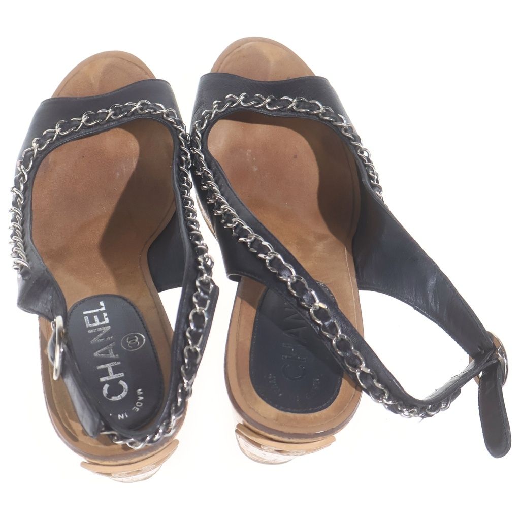 Chanel CC Logo Chain Decoration Wedge Sole Sandals Leather Cork Black Brown — view 4