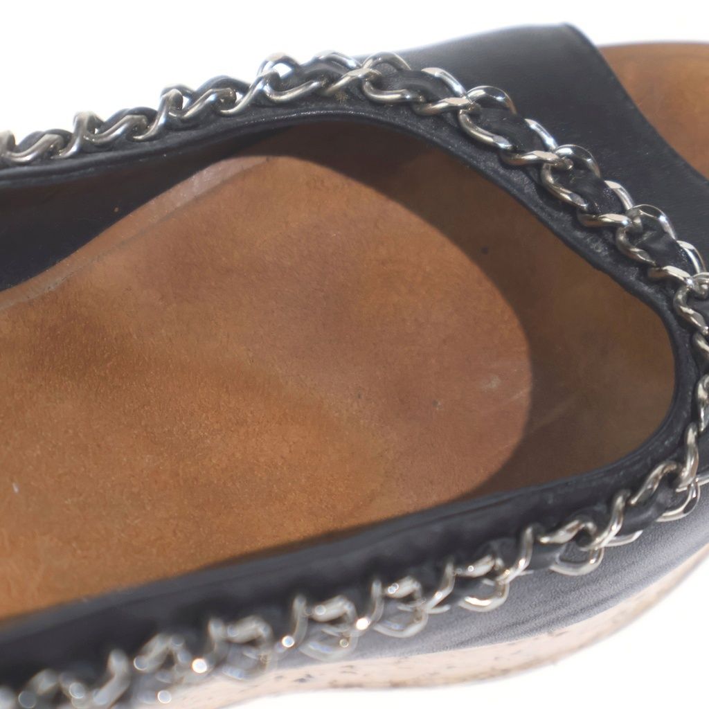 Chanel CC Logo Chain Decoration Wedge Sole Sandals Leather Cork Black Brown — view 6