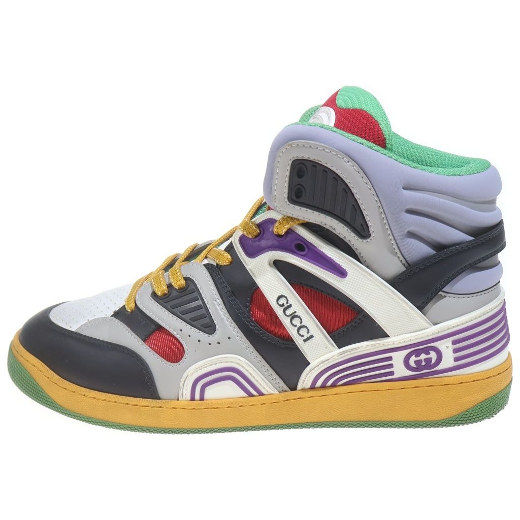 Gucci Basket Interlocking High Cut Sneakers Gray Yellow