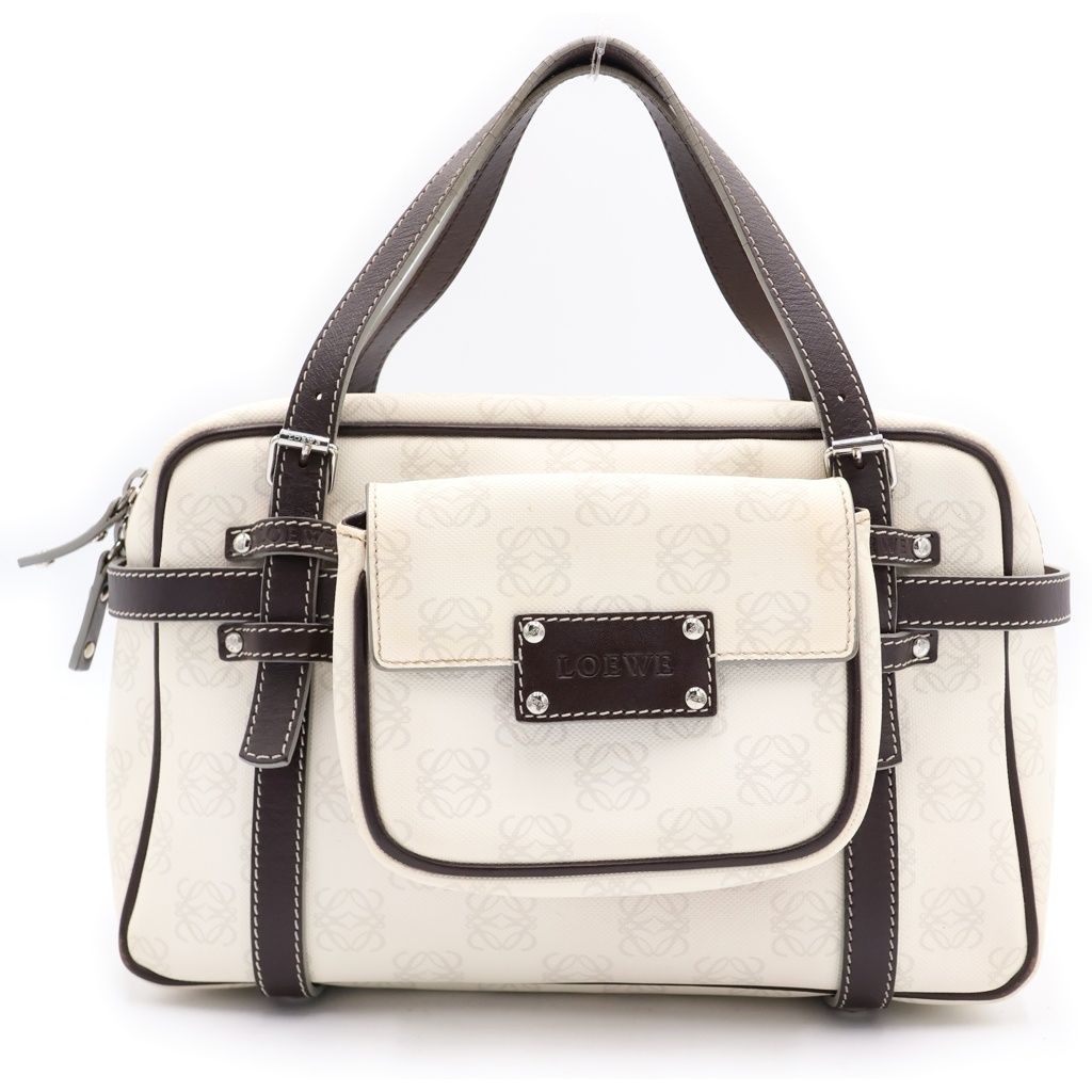 Loewe Repeat Anagram Boston Bag White Brown Leather Silver