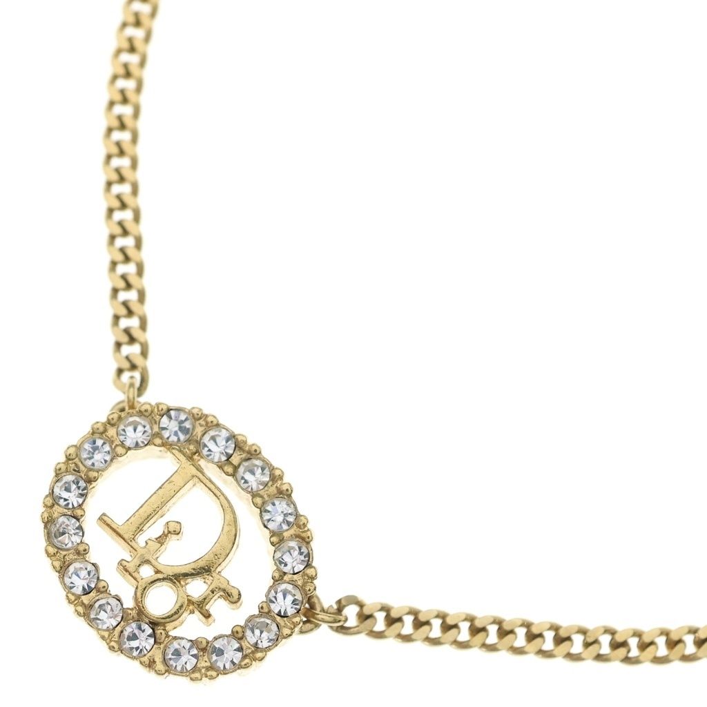 Dior Logo Rhinestone Round Necklace Gold