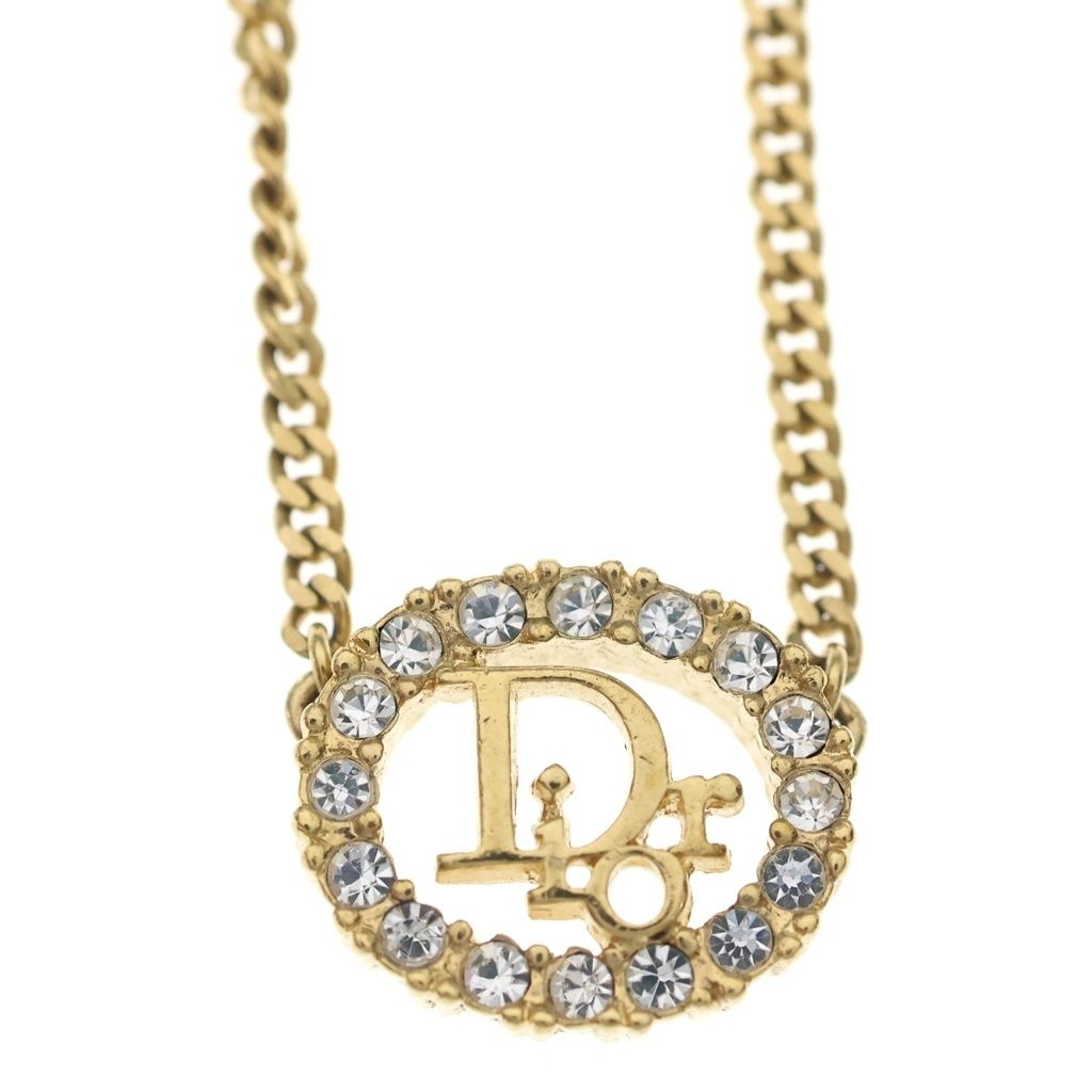 Dior Logo Rhinestone Round Necklace Gold — view 3