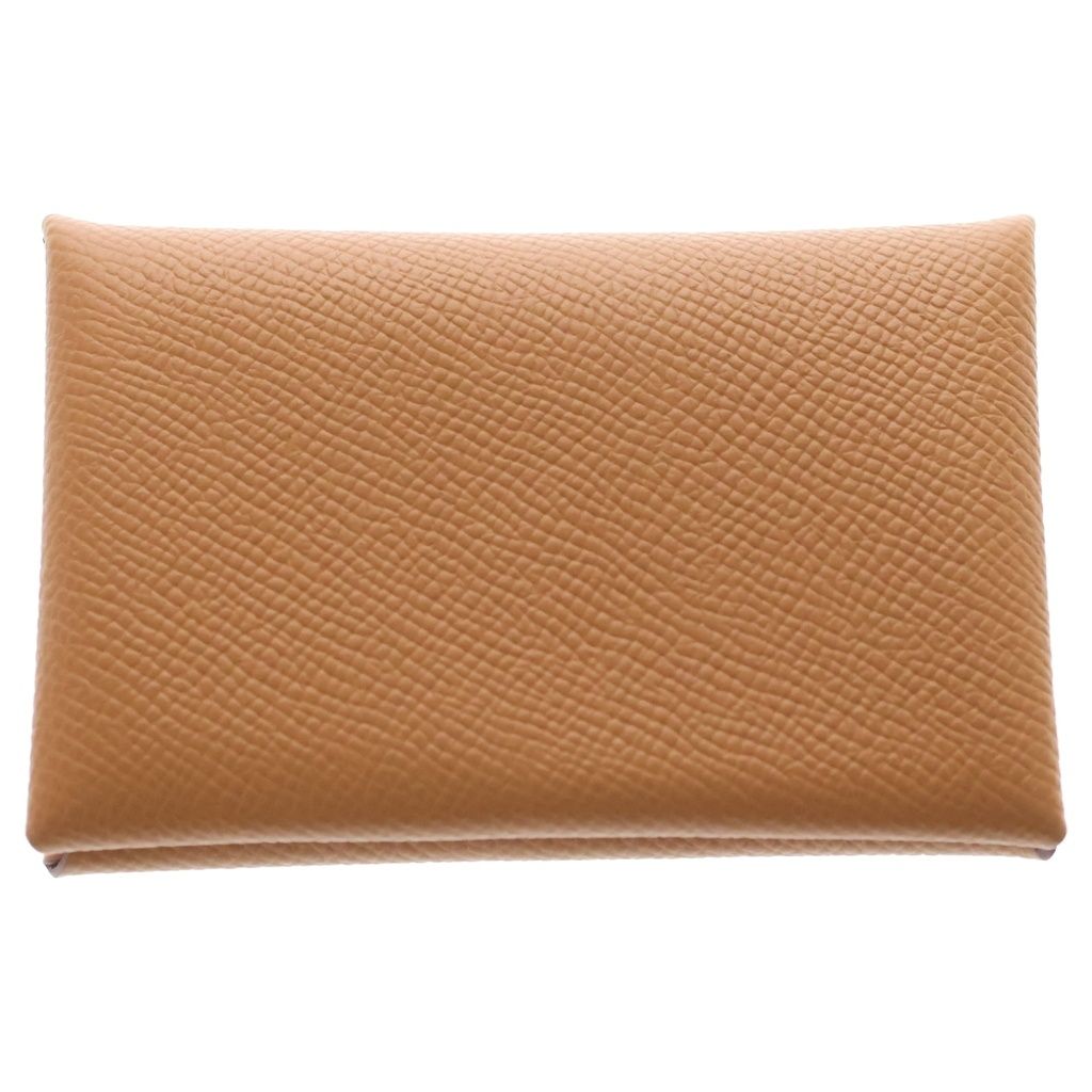 Hermes Calvi Epsom Silver Card Case Business Holder Coin Gold Brown