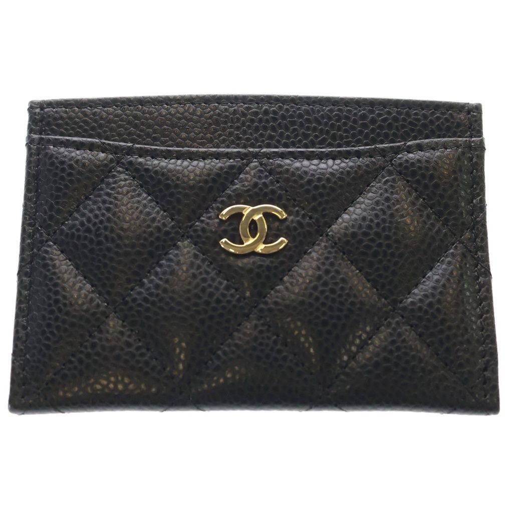 Chanel Quilted Classic CC Logo Caviar Leather Card Case Holder Business Black