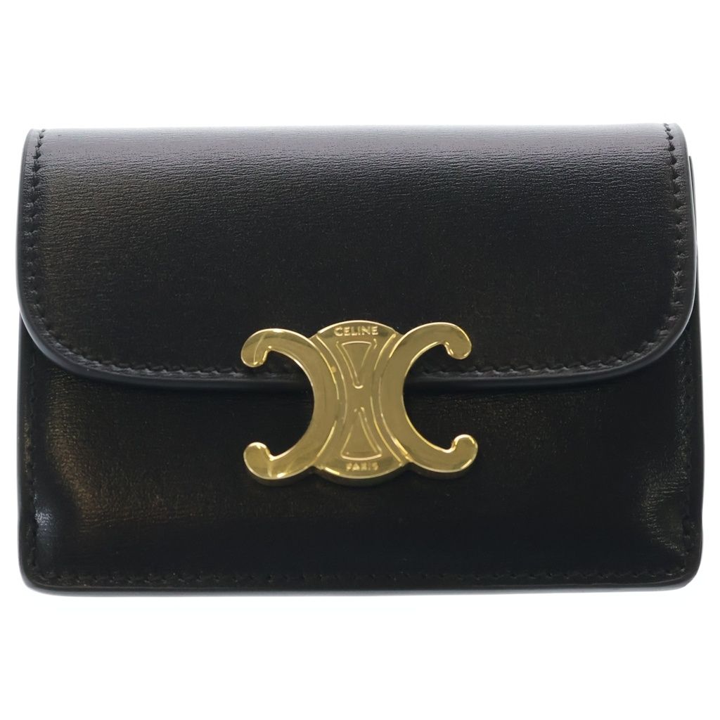 Celine Triomphe Shiny Card Holder with Calfskin Flap Case Business Black