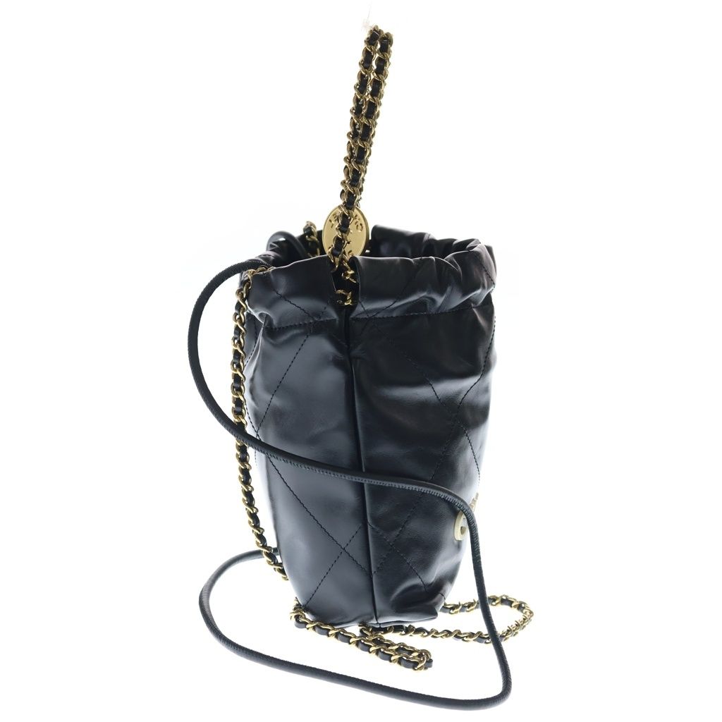 Chanel 22 Mini Calfskin Gold Chain Shoulder Bag Black Plate — view 3