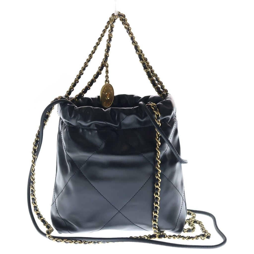 Chanel 22 Mini Calfskin Gold Chain Shoulder Bag Black Plate — view 2