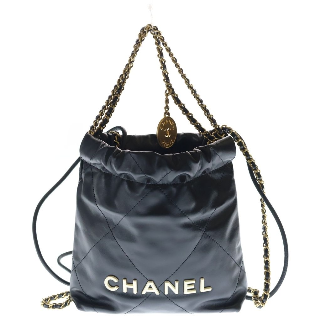 Chanel 22 Mini Calfskin Gold Chain Shoulder Bag Black Plate