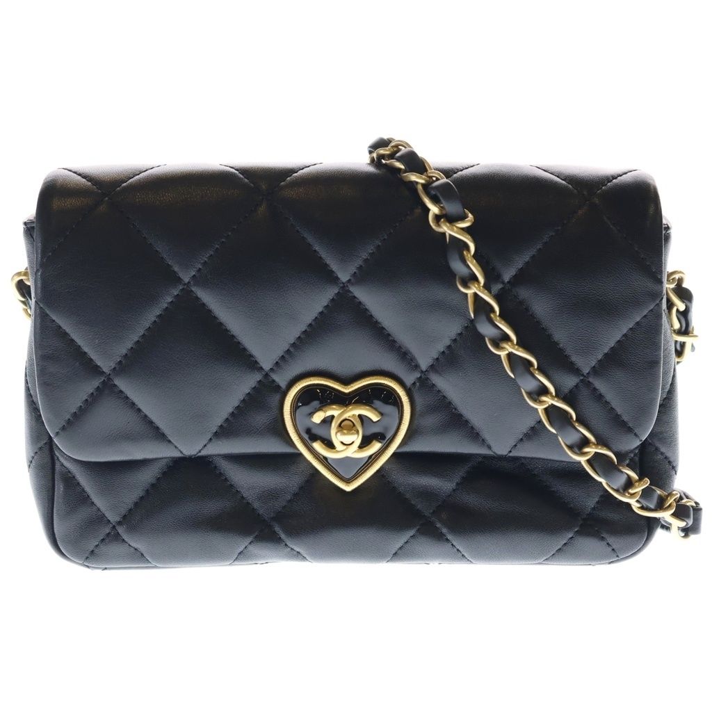 Chanel Quilted Heart Lock Chain Shoulder Bag Lambskin Gold Black Plate