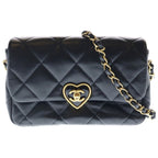 Chanel Quilted Heart Lock Chain Shoulder Bag Lambskin Gold Black Plate