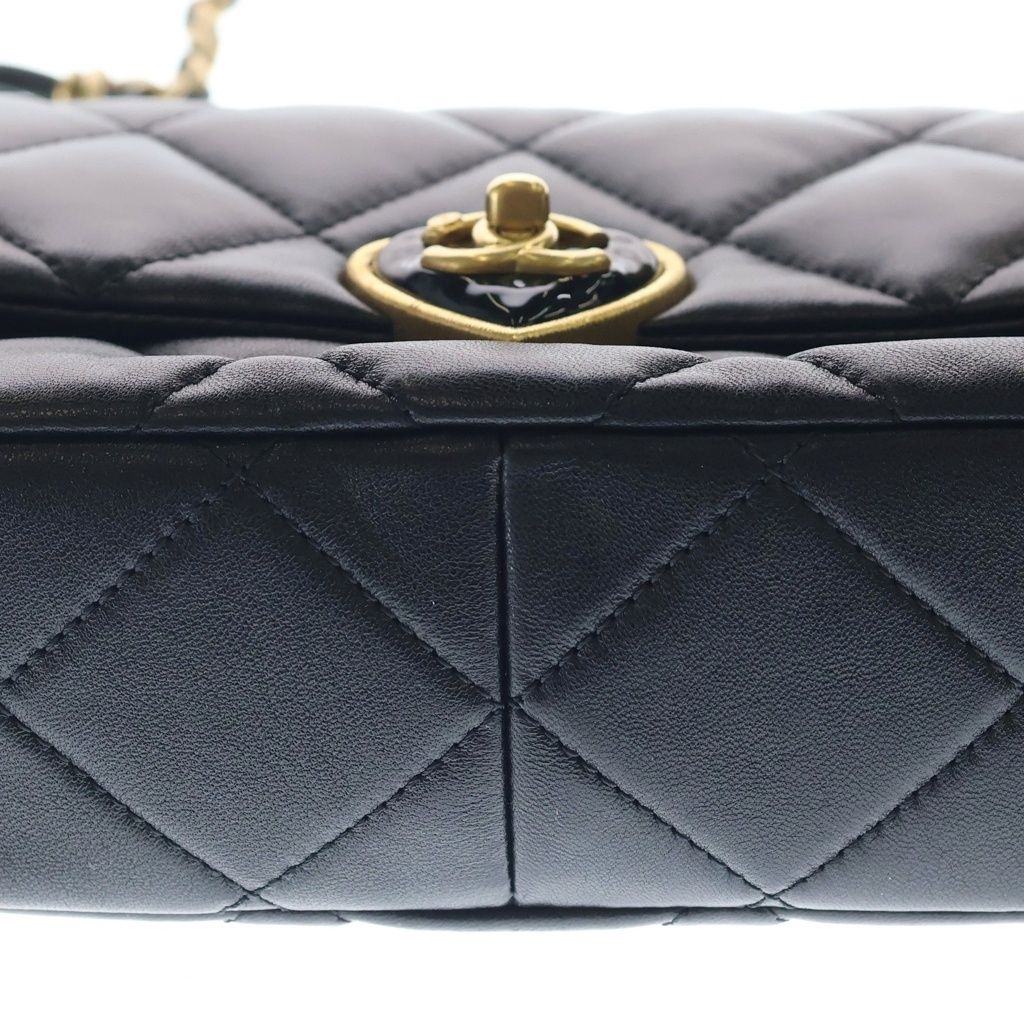 Chanel Quilted Heart Lock Chain Shoulder Bag Lambskin Gold Black Plate — view 4