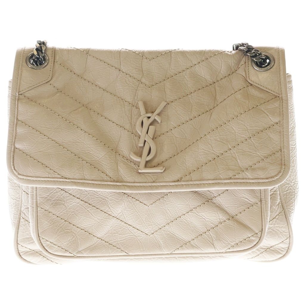 Saint Laurent Paris Niki Chain Shoulder Back Beige Leather Silver