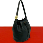 Dior Vintage Logo Leather Shoulder Bag Drawstring Tote Black