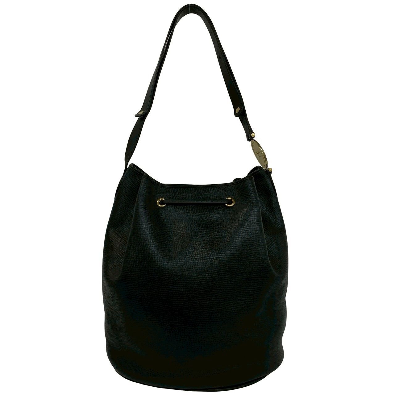 Dior Vintage Logo Leather Shoulder Bag Drawstring Tote Black — view 3