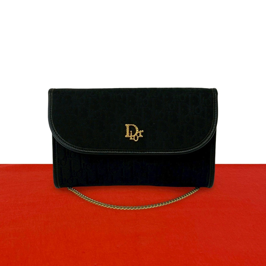 Dior Trotter Pattern Logo Canvas Leather Chain Mini Shoulder Bag Black