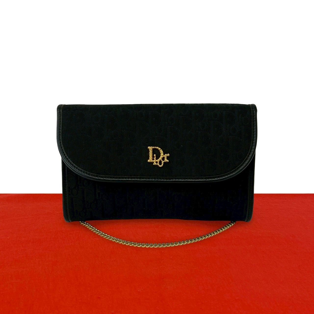 Dior Trotter Pattern Logo Canvas Leather Chain Mini Shoulder Bag Black
