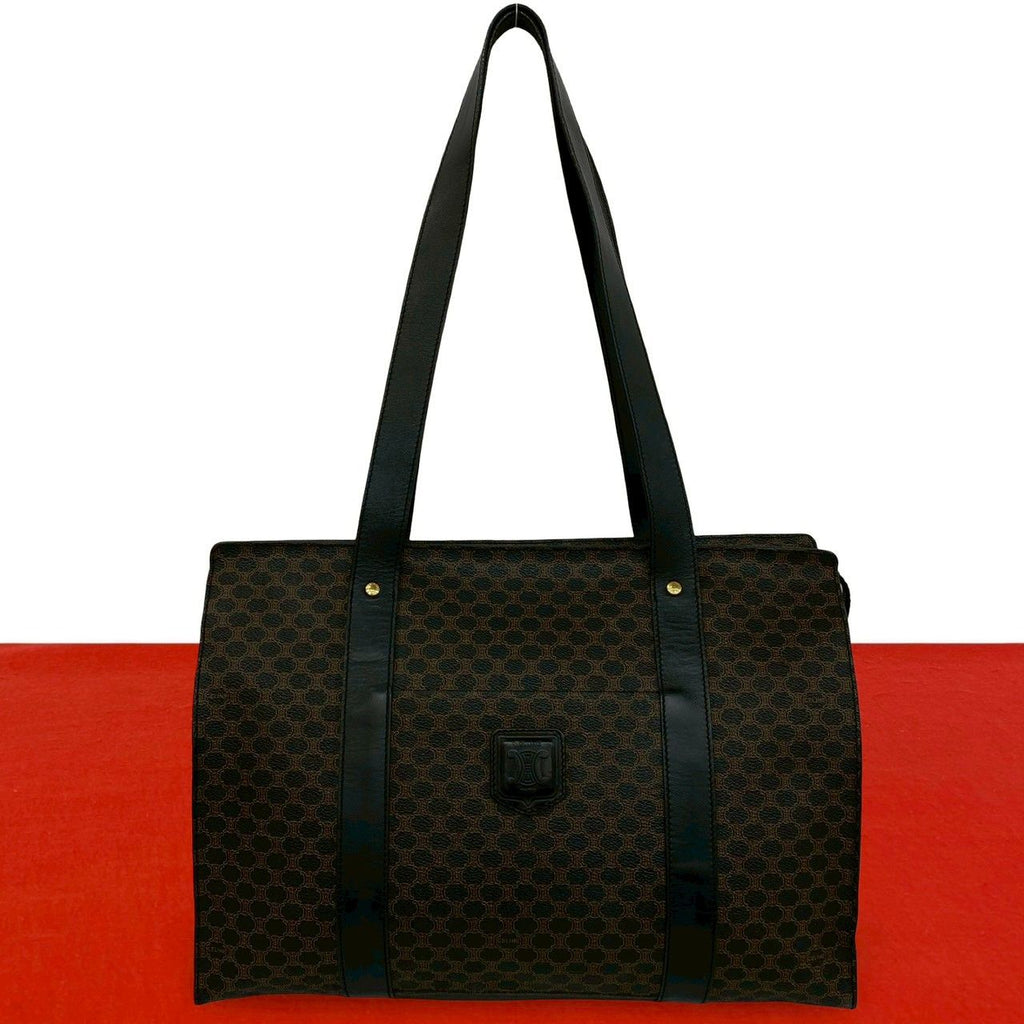 Celine Macadam Blason Triomphe Logo Pattern Leather Tote Shoulder Bag Black