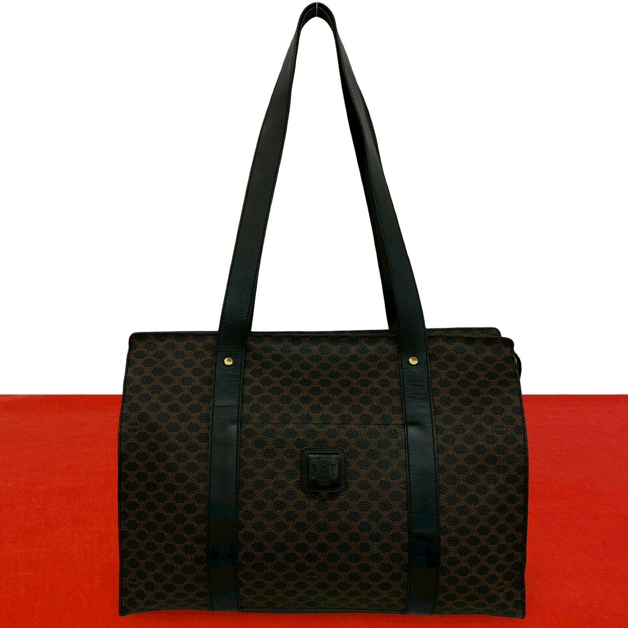 Celine Macadam Blason Triomphe Logo Pattern Leather Tote Shoulder Bag Black