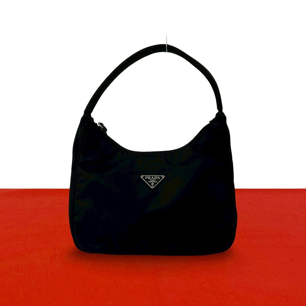 Prada Triangle Logo Plate Tessuto Nylon Mini Handbag Pouch Black