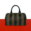 Fendi Vintage Pecan Striped Pattern Leather Mini Boston Bag Black Khaki