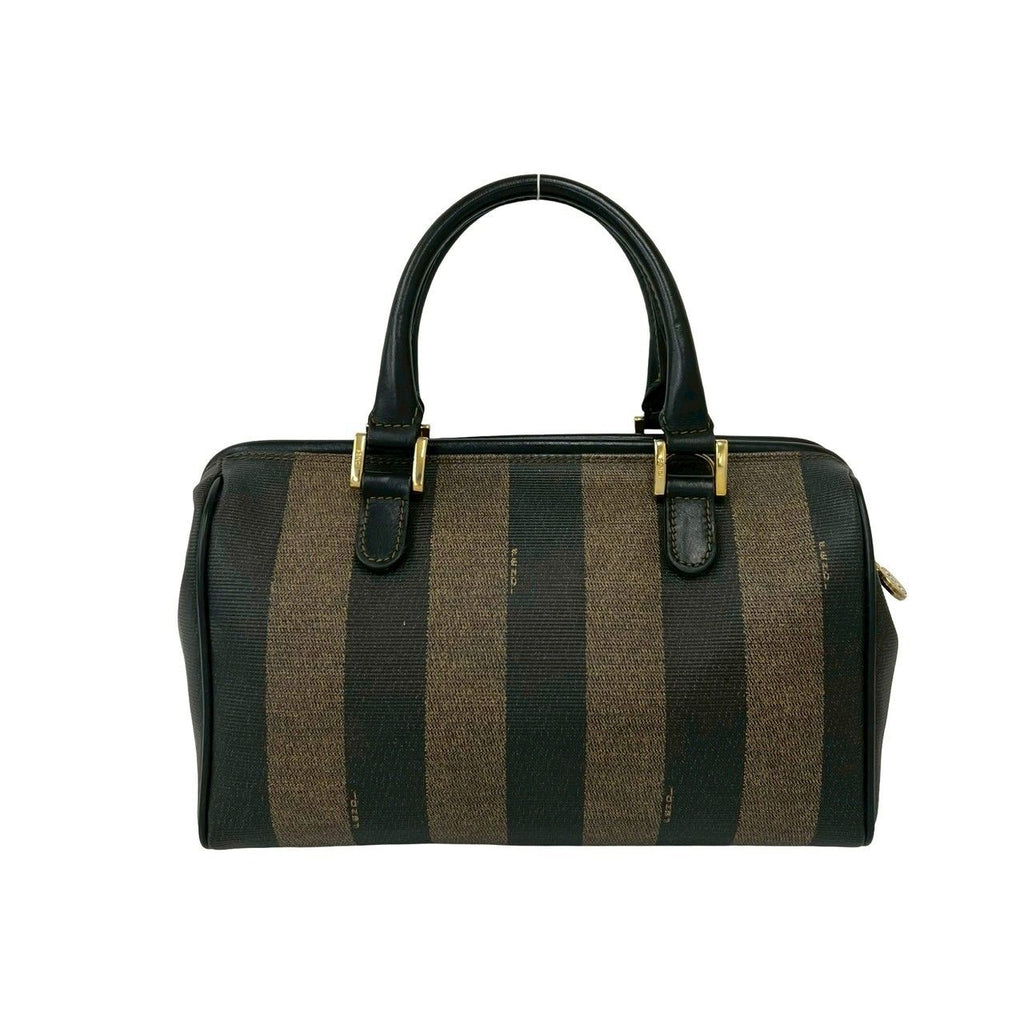 Fendi Vintage Pecan Striped Pattern Leather Mini Boston Bag Black Khaki — view 3