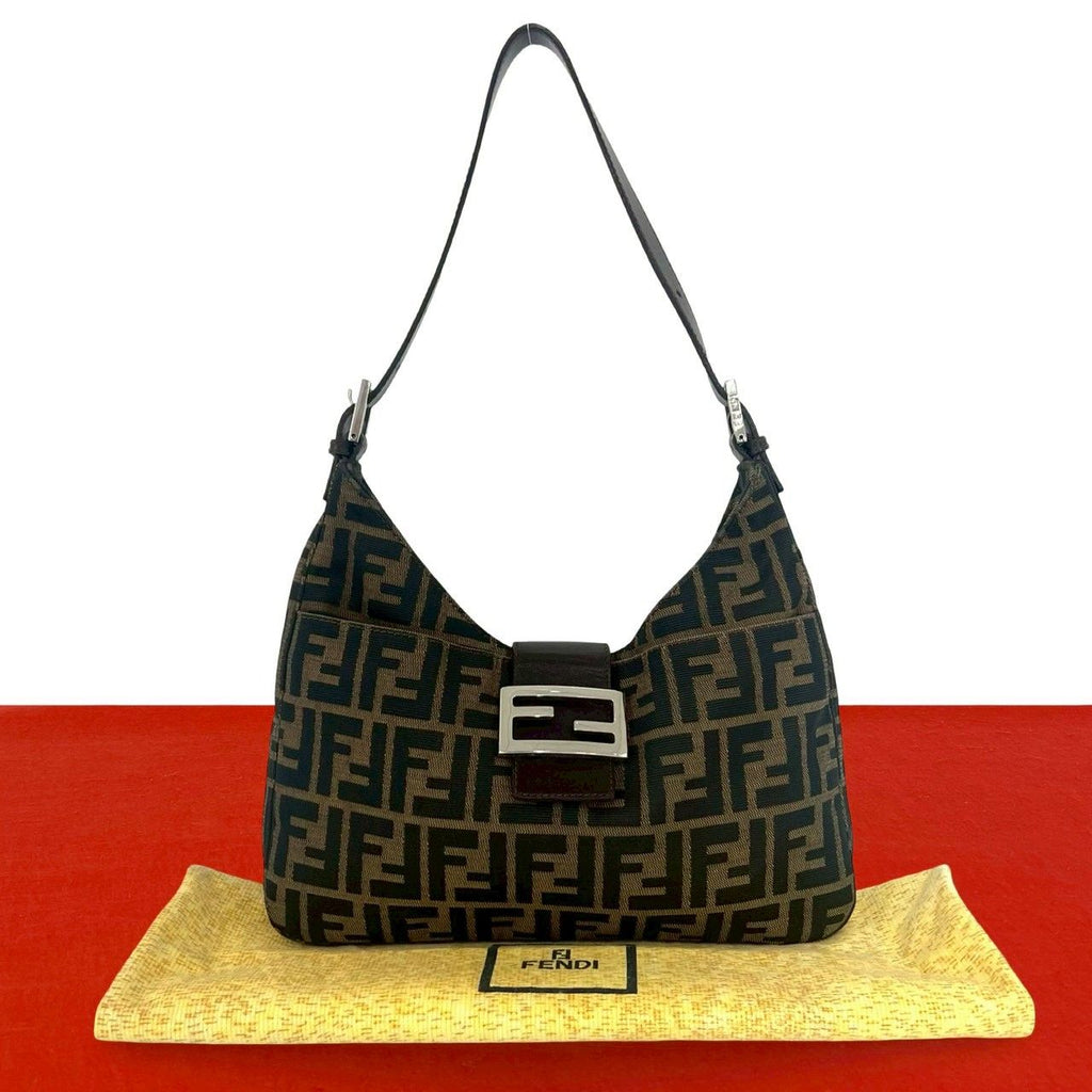 Fendi Vintage Zucca FF Logo Canvas Leather Shoulder Bag Brown