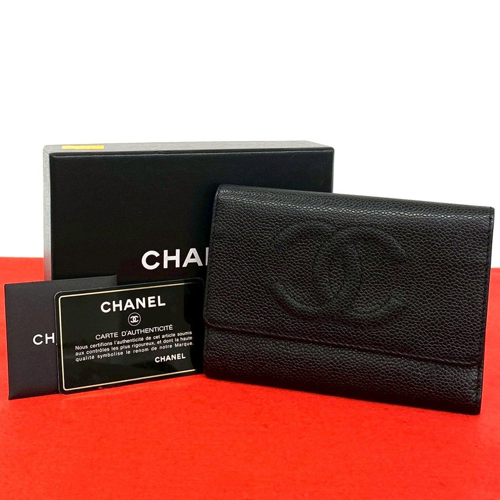 Chanel CC Logo Caviar Leather Trifold Wallet Black
