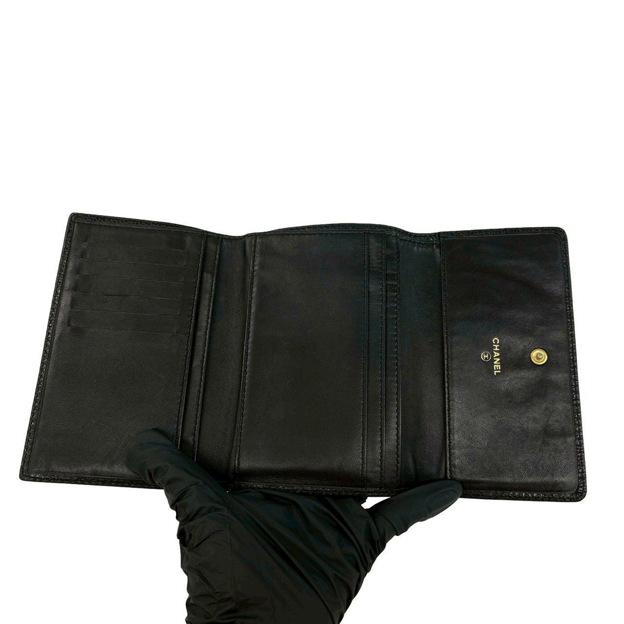 Chanel CC Logo Caviar Leather Trifold Wallet Black — view 7